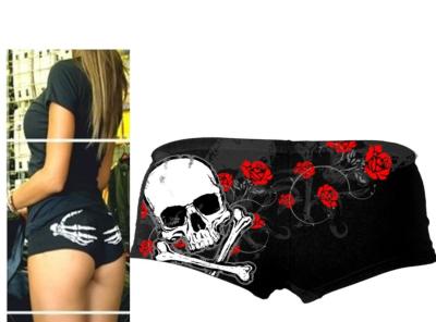 SHORTY BIKER TETE DE MORT ET FLEURS